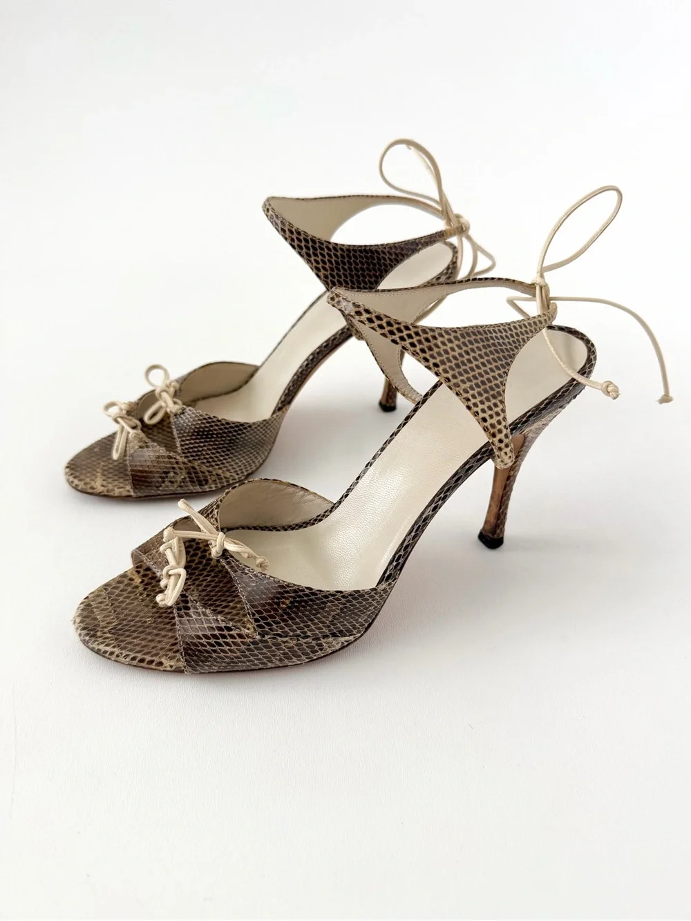 GUCCI | Vintage Snakeskin Bow Ankle Tie Stiletto Sandal Heels Brown Size 8.5B